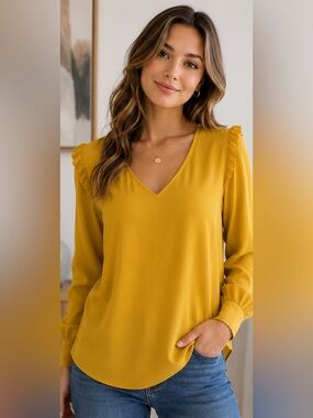 LOFT Mustard Yellow Ruffle Shoulder V-Neck Blouse Large